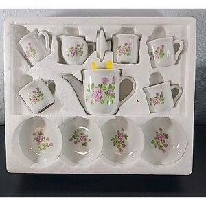 Vintage Miniature Child's China Porcelain Tea Set 12 pc Pink Rose Pattern EUC